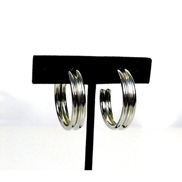 Silver Tone Double Hoop Hollow Pierced Earrings Pushback Closure - Picture 1 of 6